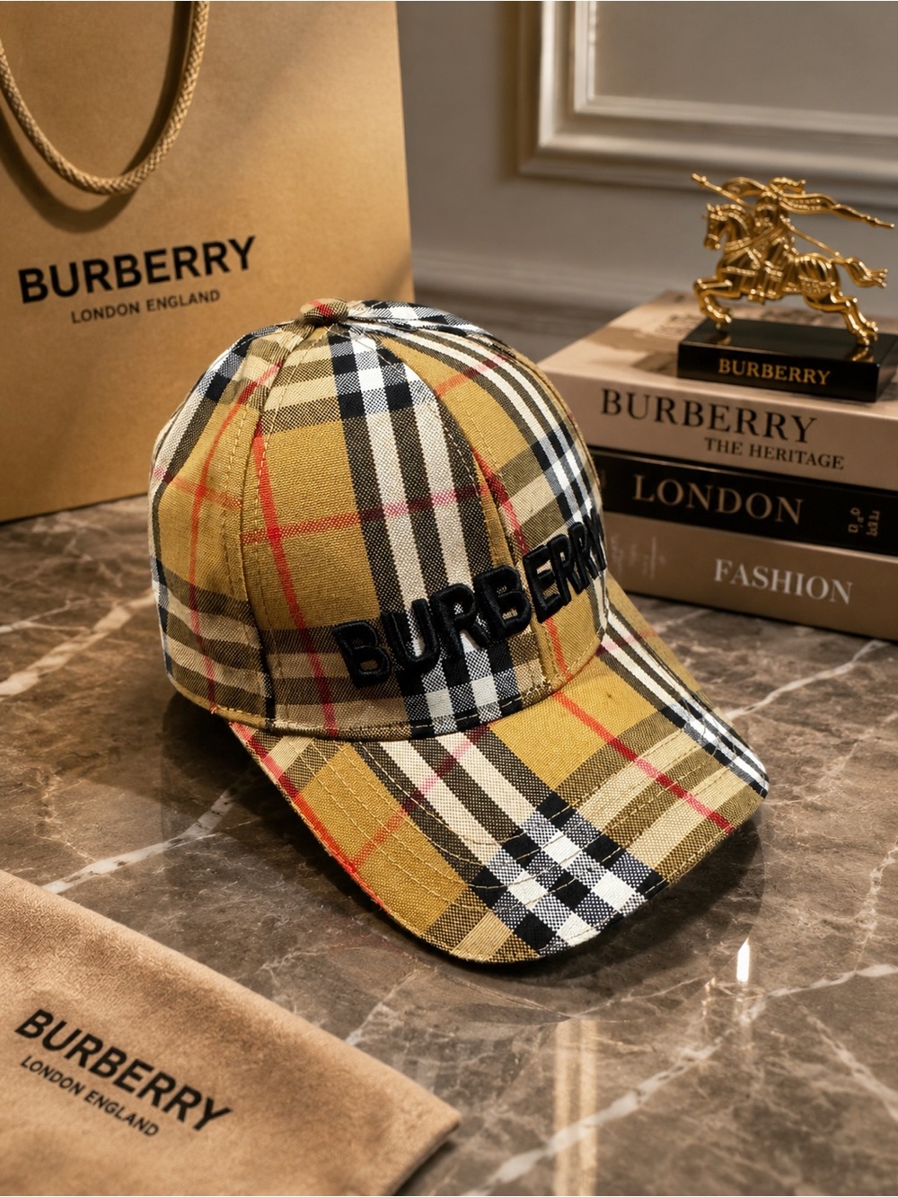 Burberry Yellow Check Cotton Baseball Cap no box or dust bag
